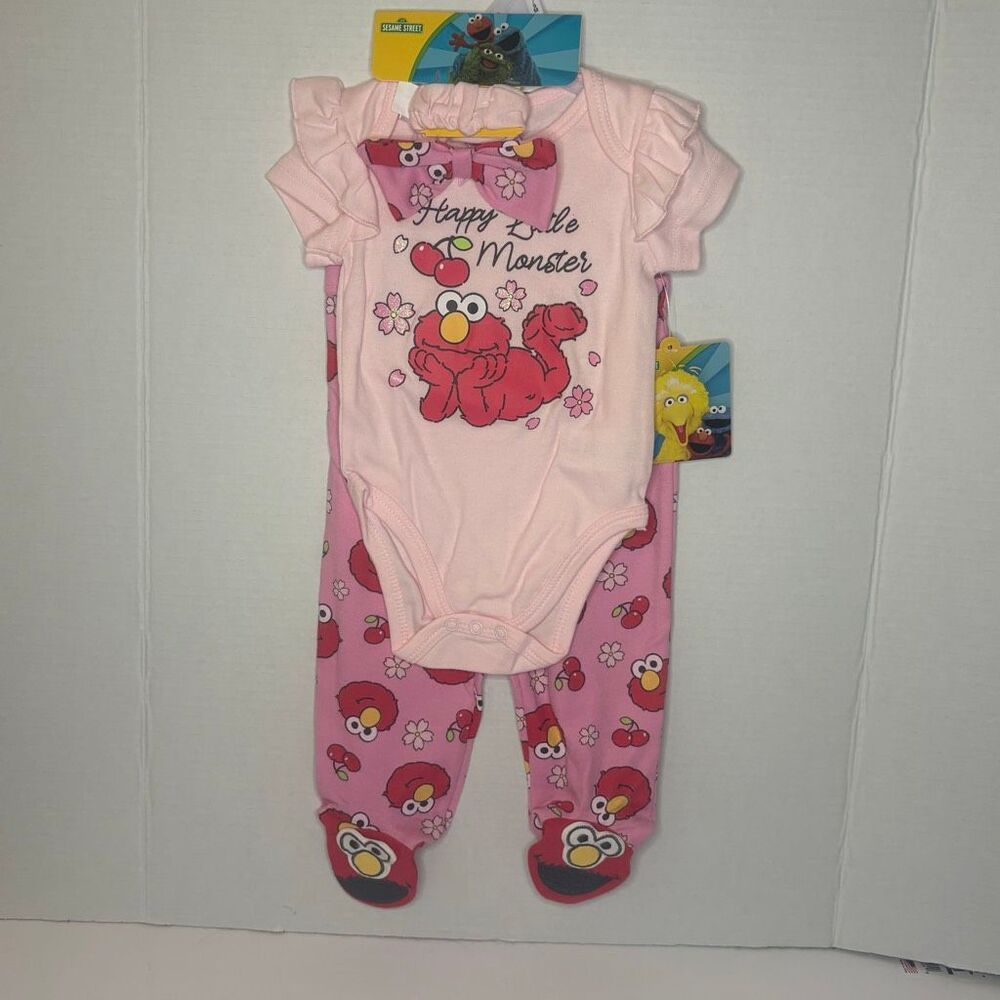 Sesame Street Baby Girl Elmo 3-Piece Set One Piece Pants Bow NWT Pink Red 3-6M